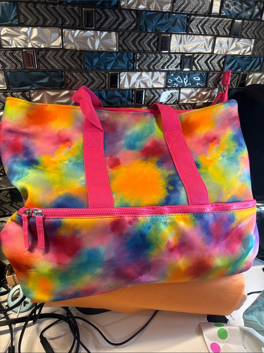 No Boundaries Rainbow Tie-Dye Tote with Hot Pink Handles